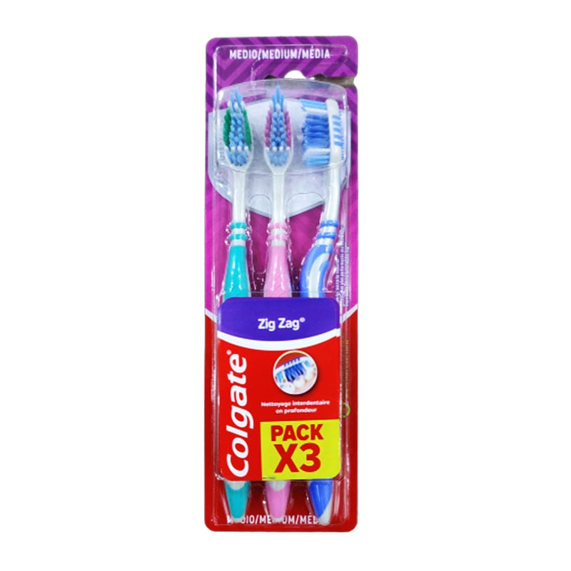 Colgate Zigzag Medium Toothbrush 3pcs - Green Pink Blue