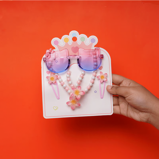 Colorful Cat Shaped Baby Sunglass with Pearl Necklace & 1 Pair Hairclip - Pink & Blue
