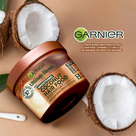 Garnier Ultimate Blends Smoothing Coconut Hair Food + Vitamins C, E, F Multi-Use Hair Mask For Frizzy Dry Hair 400ml •